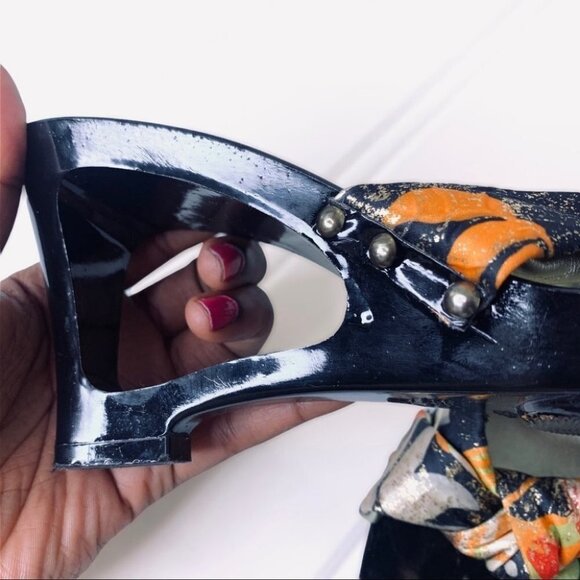 BROWNS BRAVO FLORAL WOODEN WEDGE  SUMMER MULTICOLOURED GOLD STUDS SANDALS - Picture 14 of 16